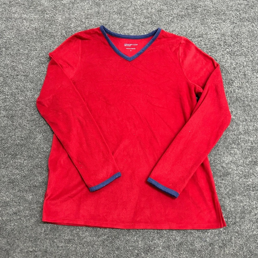 Comfort Code Top Womens Size S Red Fleece V-Neck Long Sleeve Blue Trim Soft Cozy